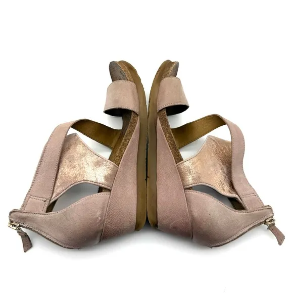 Miz Mooz Molly Pink Metallic Leather Cross Ankle Strap Wedge Sandals EU 39