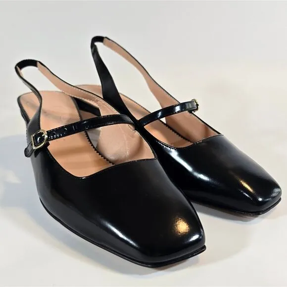 MM J.Crew Black Layla Slingback Mary Jane Heel Spazzolato Leather 8.5 Square Toe