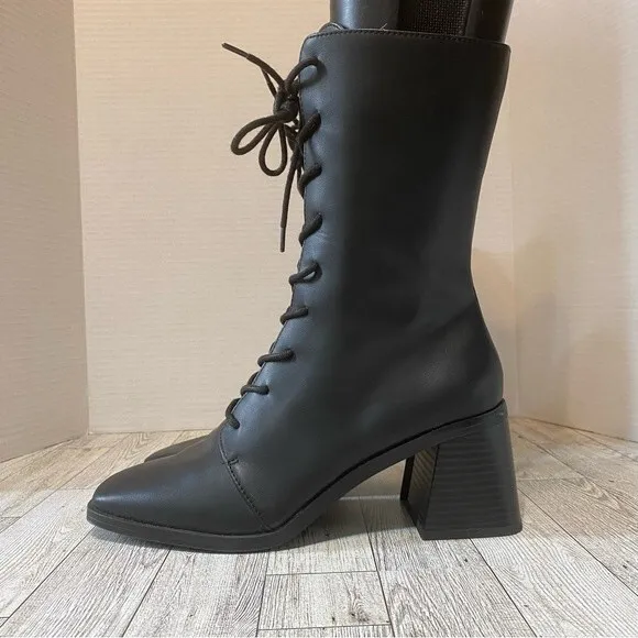 Monki- Black Elma Lace Up Vegan Leather Heeled Boots- Sz. 39