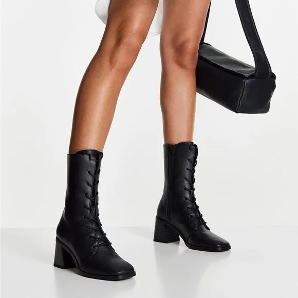 Monki- Black Elma Lace Up Vegan Leather Heeled Boots- Sz. 39