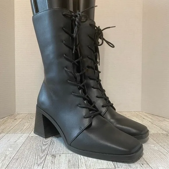 Monki- Black Elma Lace Up Vegan Leather Heeled Boots- Sz. 39