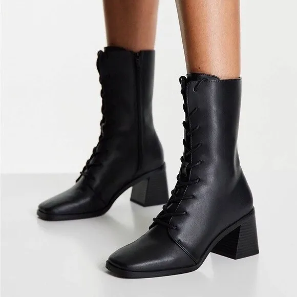 Monki- Black Elma Lace Up Vegan Leather Heeled Boots- Sz. 39