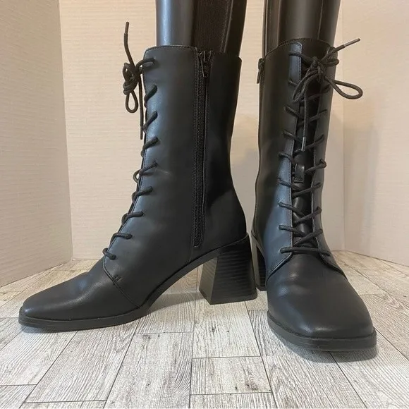 Monki- Black Elma Lace Up Vegan Leather Heeled Boots- Sz. 39