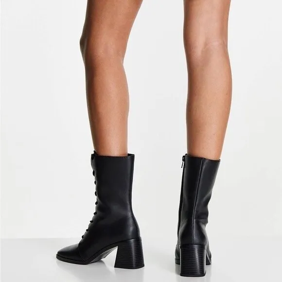 Monki- Black Elma Lace Up Vegan Leather Heeled Boots- Sz. 39