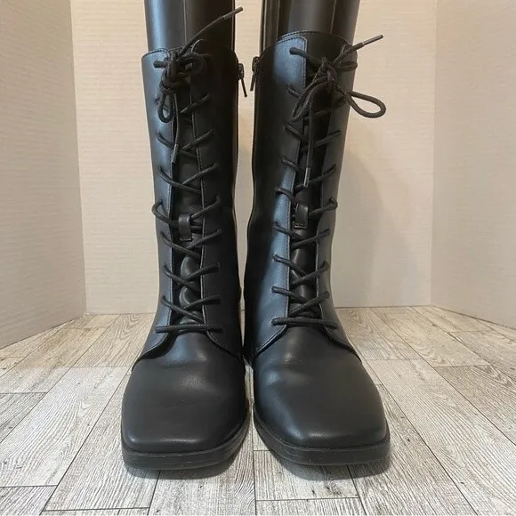 Monki- Black Elma Lace Up Vegan Leather Heeled Boots- Sz. 39