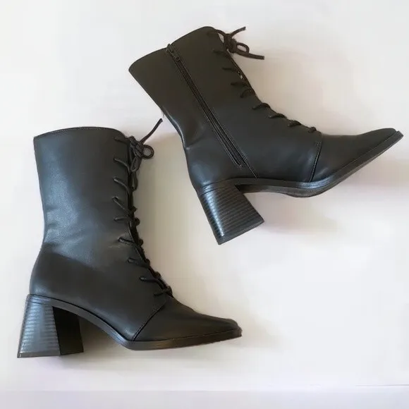 Monki- Black Elma Lace Up Vegan Leather Heeled Boots- Sz. 39