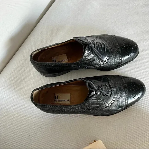 Moreschi Size 9 Black Peccary Calf Leather Brogues Oxford Shoes Made in Italy
