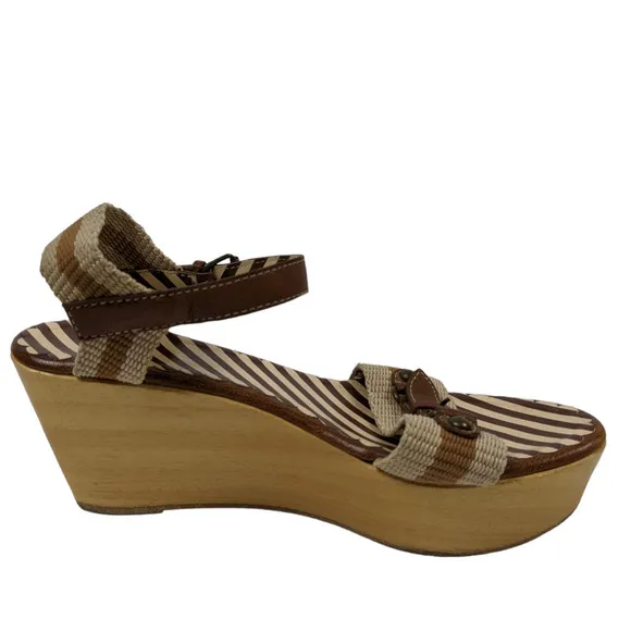 Moschino Womens Wedges EUR 39 Cream Brown Ankle Buckle Wood Sole Sandals Heels