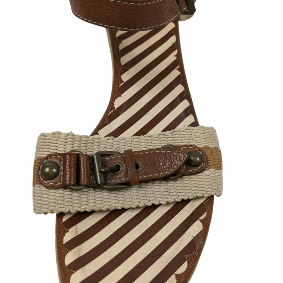 Moschino Womens Wedges EUR 39 Cream Brown Ankle Buckle Wood Sole Sandals Heels