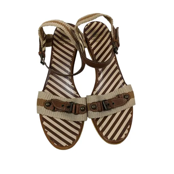 Moschino Womens Wedges EUR 39 Cream Brown Ankle Buckle Wood Sole Sandals Heels