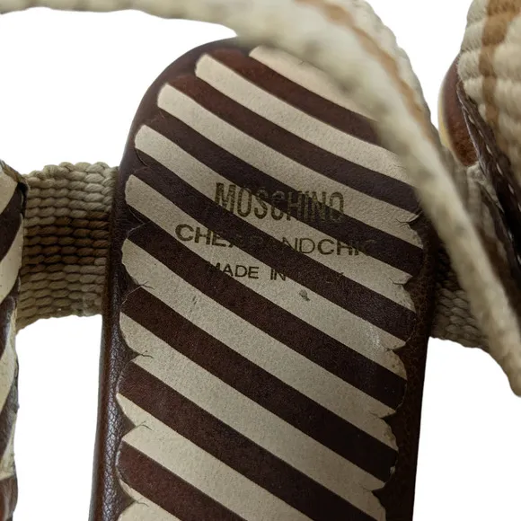 Moschino Womens Wedges EUR 39 Cream Brown Ankle Buckle Wood Sole Sandals Heels