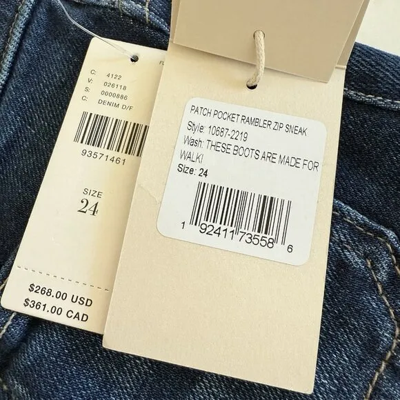 Mother Patch Pocket Rambler Zip Sneak Jeans Womens 24 Blue Straight Wide Leg NWT