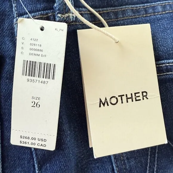 Mother Patch Pocket Rambler Zip Sneak Jeans Womens 26 Blue Straight Wide Leg NWT