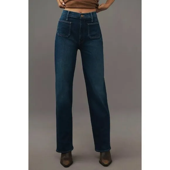 Mother Patch Pocket Rambler Zip Sneak Jeans Womens 26 Blue Straight Wide Leg NWT