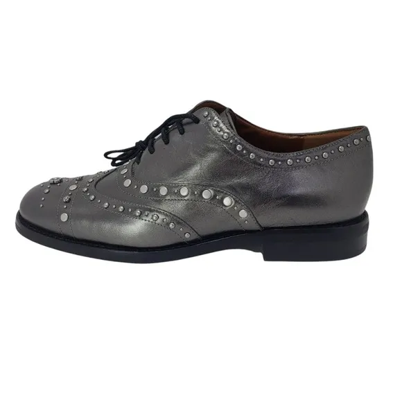 MSRP $250, New Coach Tegan Gunmetal Leather Studded Oxford Wingtip Shoes, Size 7