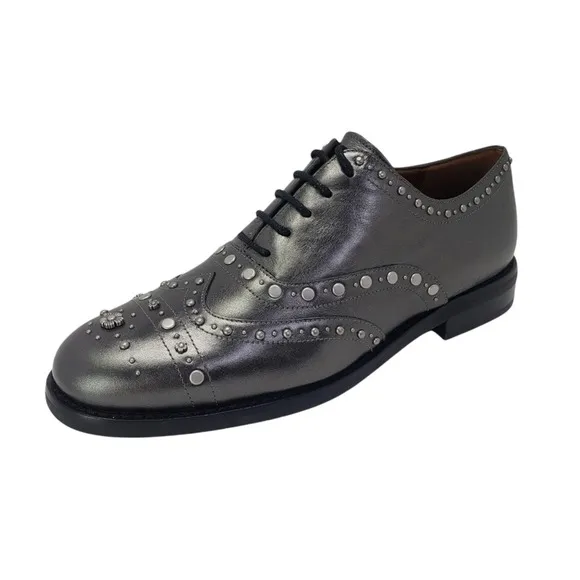MSRP $250, New Coach Tegan Gunmetal Leather Studded Oxford Wingtip Shoes, Size 7