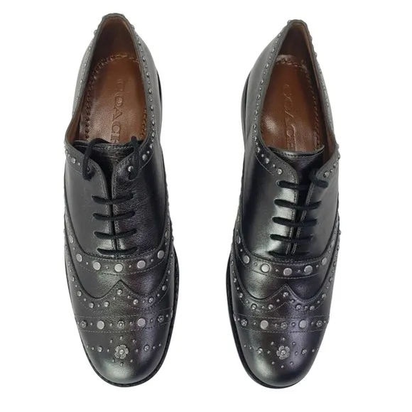 MSRP $250, New Coach Tegan Gunmetal Leather Studded Oxford Wingtip Shoes, Size 7