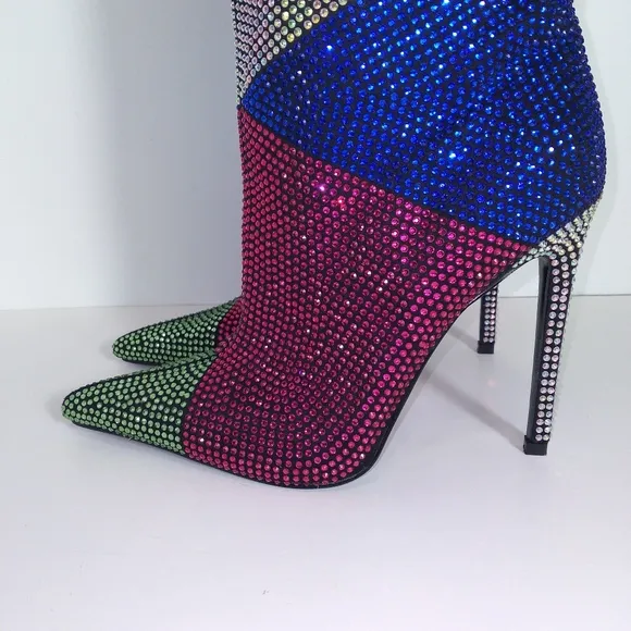 Multi-Color Rhinestone Knee High Heeled Boots-  Size 6