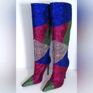 Multi-Color Rhinestone Knee High Heeled Boots-  Size 6