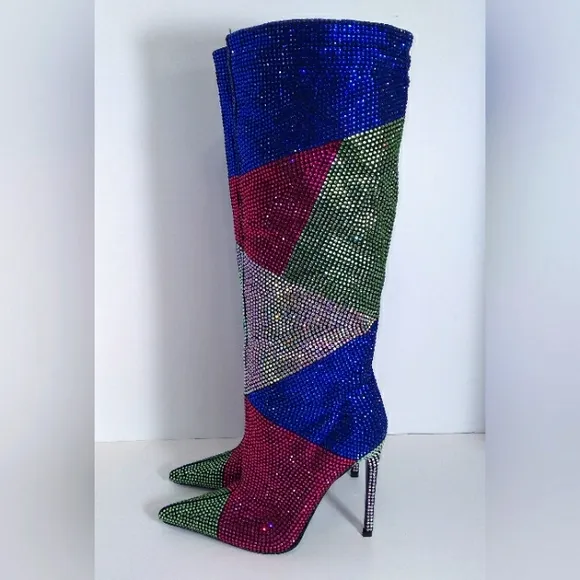 Multi-Color Rhinestone Knee High Heeled Boots-  Size 6