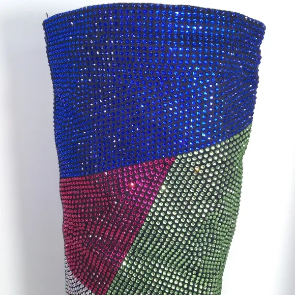 Multi-Color Rhinestone Knee High Heeled Boots-  Size 6