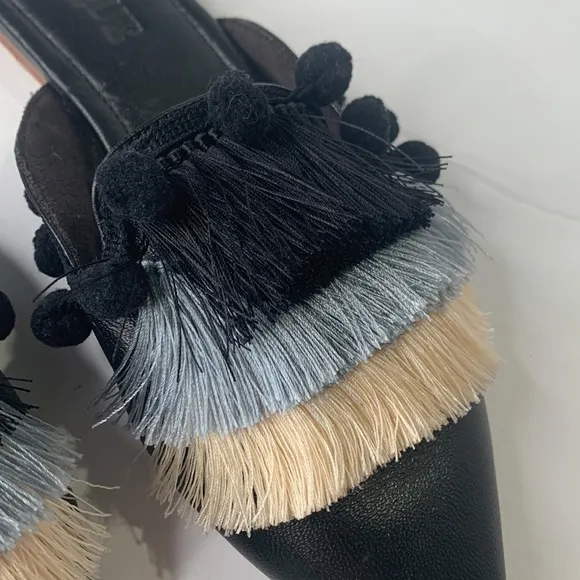 Mystique black fringed Pom Pom pointed toe flats NWOB