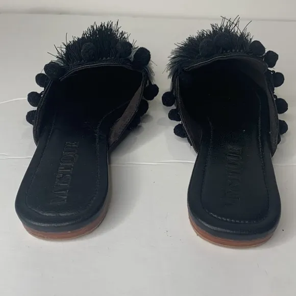 Mystique black fringed Pom Pom pointed toe flats NWOB