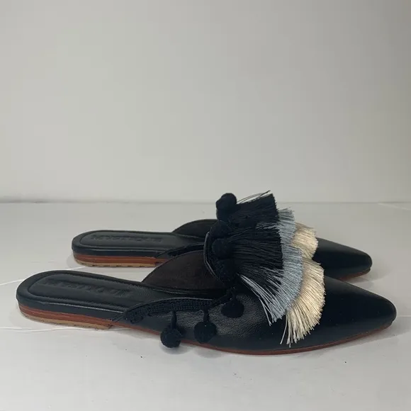 Mystique black fringed Pom Pom pointed toe flats NWOB