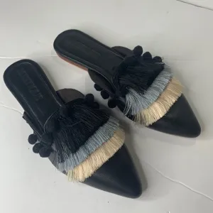 Mystique black fringed Pom Pom pointed toe flats NWOB