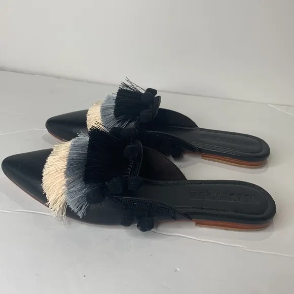 Mystique black fringed Pom Pom pointed toe flats NWOB