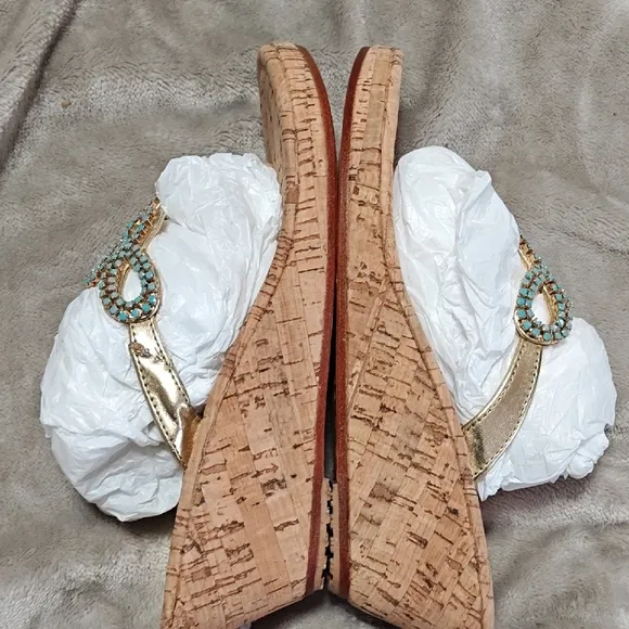 Mystique Elegant Beaded Sandals  Cork Wedge Turquoise and Tan Size 8