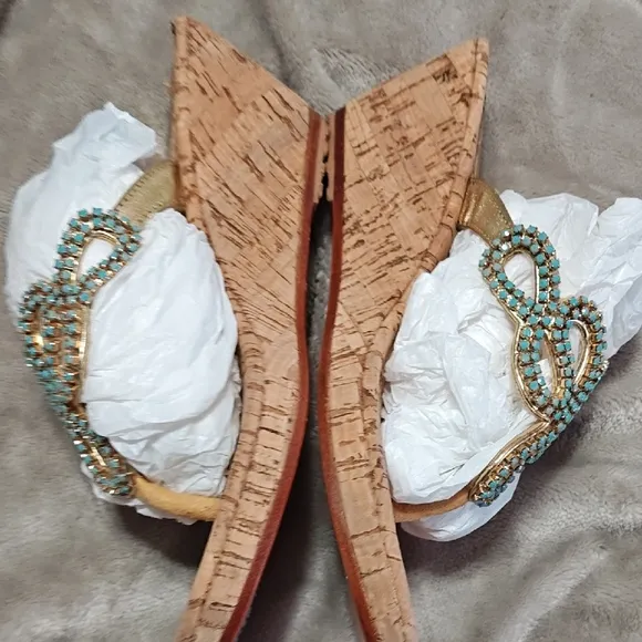 Mystique Elegant Beaded Sandals  Cork Wedge Turquoise and Tan Size 8