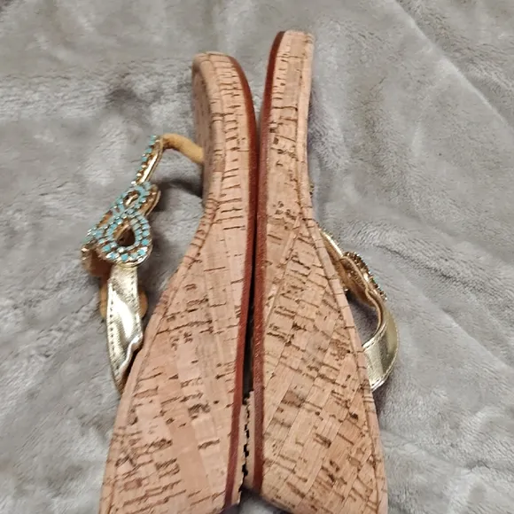 Mystique Elegant Beaded Sandals  Cork Wedge Turquoise and Tan Size 8