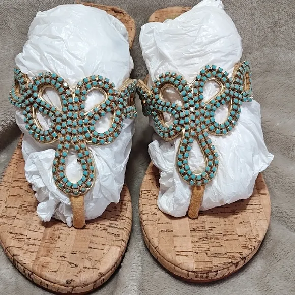 Mystique Elegant Beaded Sandals  Cork Wedge Turquoise and Tan Size 8
