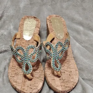 Mystique Elegant Beaded Sandals  Cork Wedge Turquoise and Tan Size 8