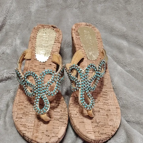 Mystique Elegant Beaded Sandals  Cork Wedge Turquoise and Tan Size 8