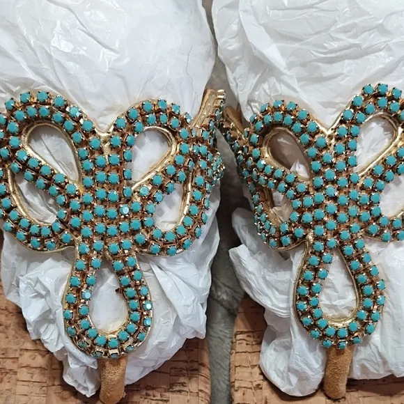 Mystique Elegant Beaded Sandals  Cork Wedge Turquoise and Tan Size 8