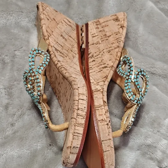 Mystique Elegant Beaded Sandals  Cork Wedge Turquoise and Tan Size 8