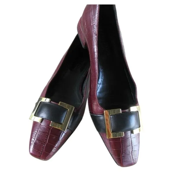 Napoleoni Leather Maroon, Bordeaux Color, gold buckle Italian Flats Size 8.5