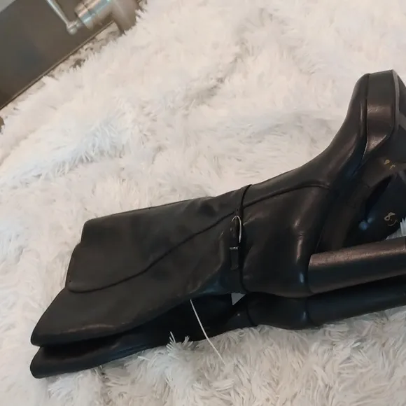 NATURALIZER Black Buckle Strap platform Wide Calf high heel leather boots