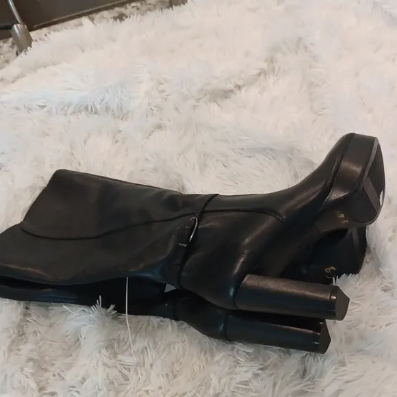 NATURALIZER Black Buckle Strap platform Wide Calf high heel leather boots