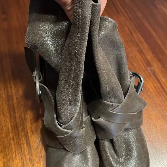 Naughty Monkey Brown Crackled Leather Buckle Accent Heeled Boots 8.5