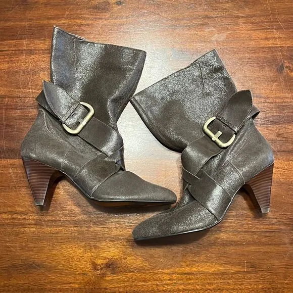 Naughty Monkey Brown Crackled Leather Buckle Accent Heeled Boots 8.5