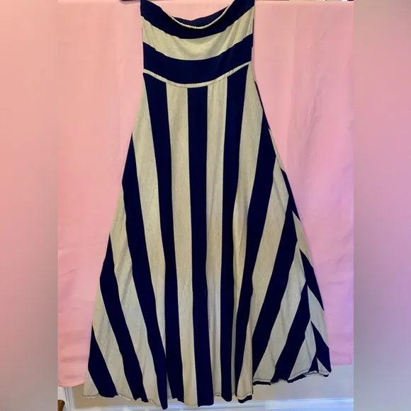 Nautical Navy Blue Flowy Maxi Dress Cream Tan Stripe Spring Summer J. Mode Small