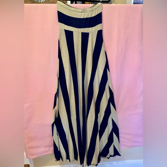 Nautical Navy Blue Flowy Maxi Dress Cream Tan Stripe Spring Summer J. Mode Small