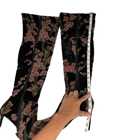 NEIMAN MARCUS Duchess Velvet Floral Thigh High Boots Over the Knee 9
