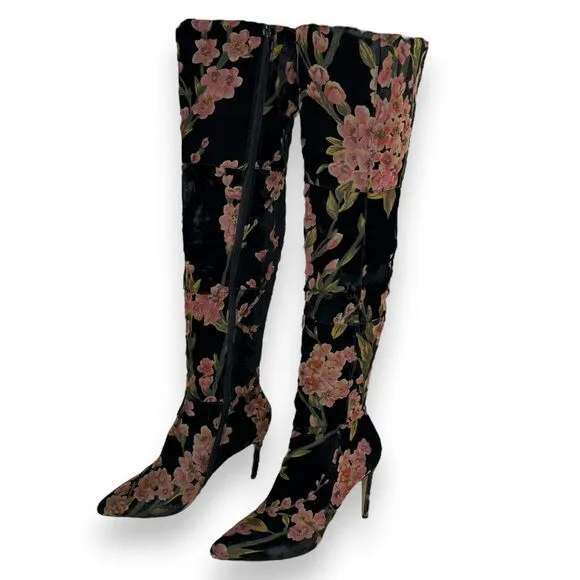 NEIMAN MARCUS Duchess Velvet Floral Thigh High Boots Over the Knee 9