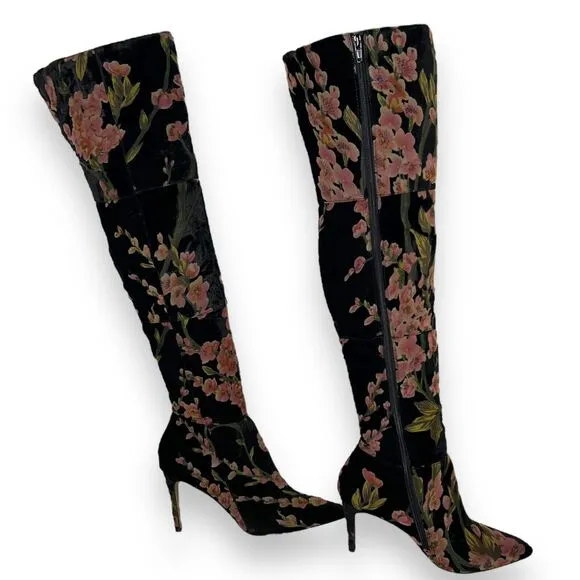 NEIMAN MARCUS Duchess Velvet Floral Thigh High Boots Over the Knee 9