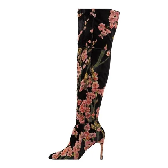 NEIMAN MARCUS Duchess Velvet Floral Thigh High Boots Over the Knee 9