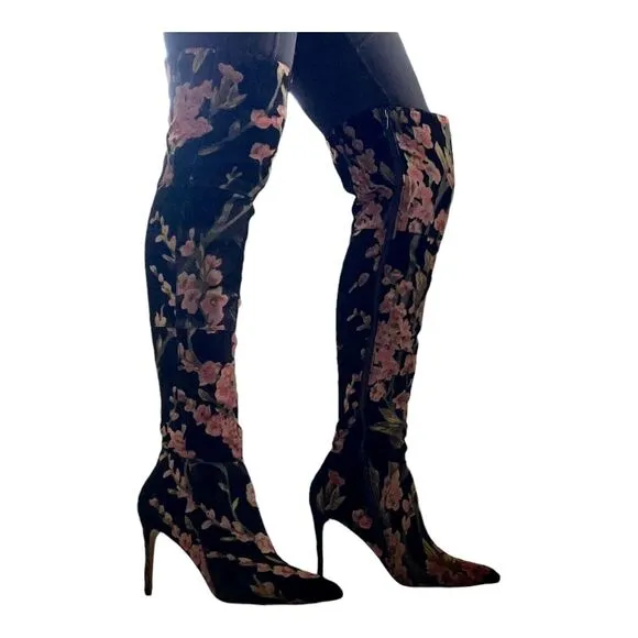 NEIMAN MARCUS Duchess Velvet Floral Thigh High Boots Over the Knee 9